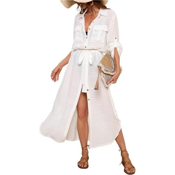 Women's Long Swimsuit Cover Up Shirt Dress Beach Drawstring Tunic Pockets